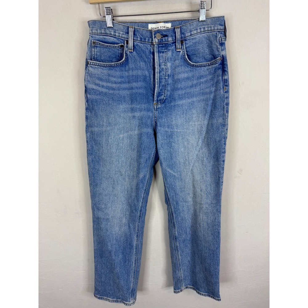 Denim Forum The Arlo High Rise Straight Jeans Blue 30 28L Button Fly Medium Wash